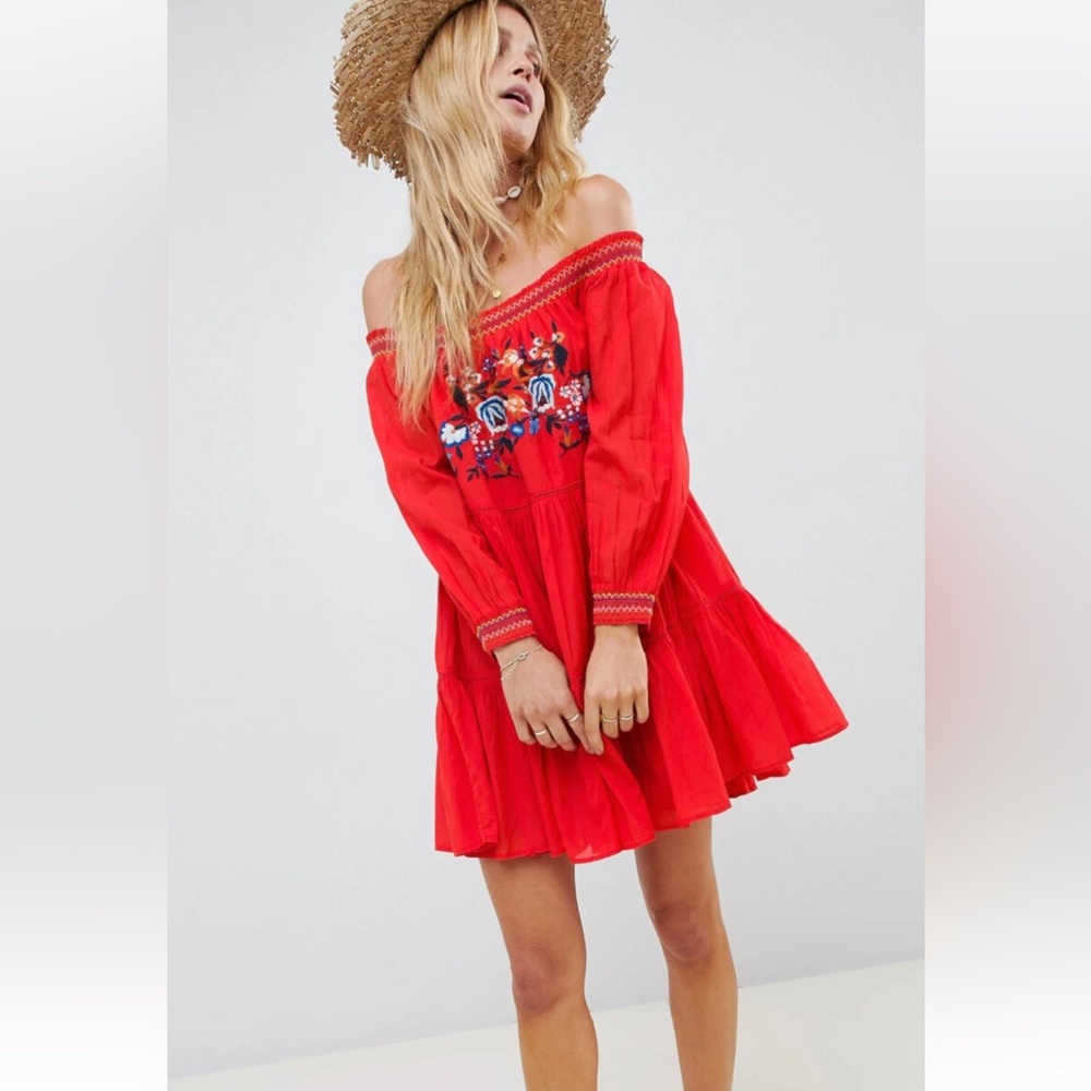 Free People Red Floral Embroidered Mini Dress